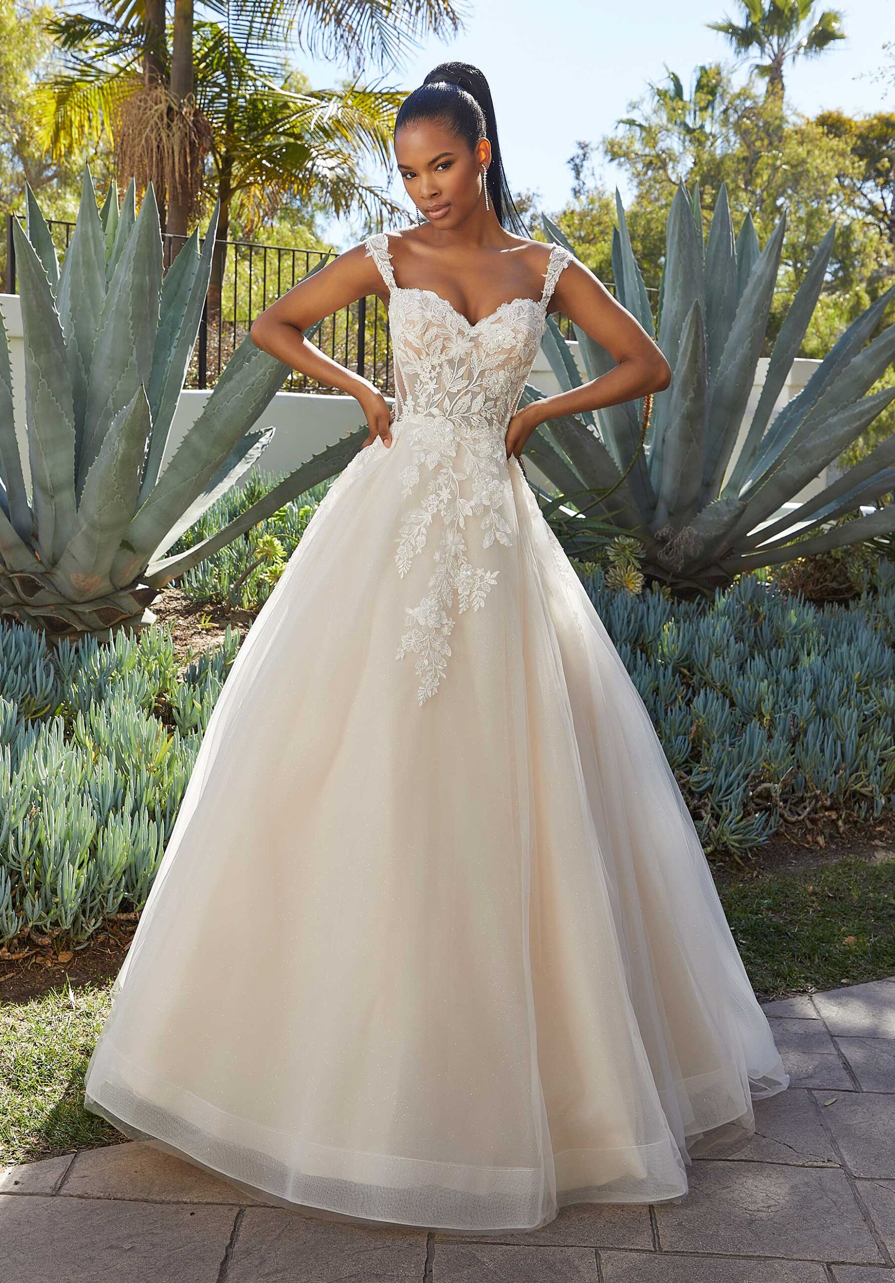 Plunge Neckline Beaded Foliage Lace A-Line Wedding Dress | Anna