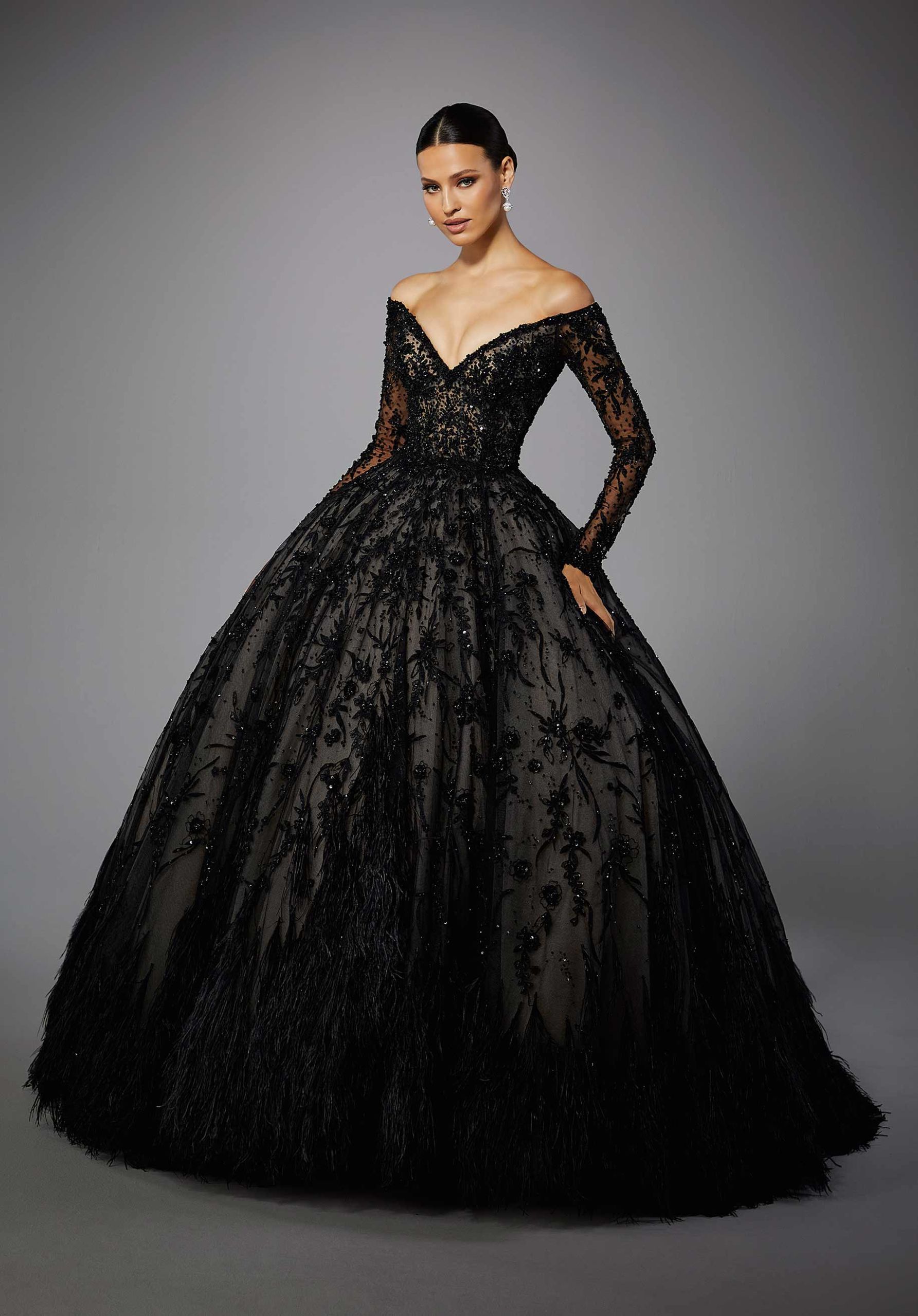 Black lace deep v-neck wedding dress with long sleeve scalloped bodice |  Cathy Telle