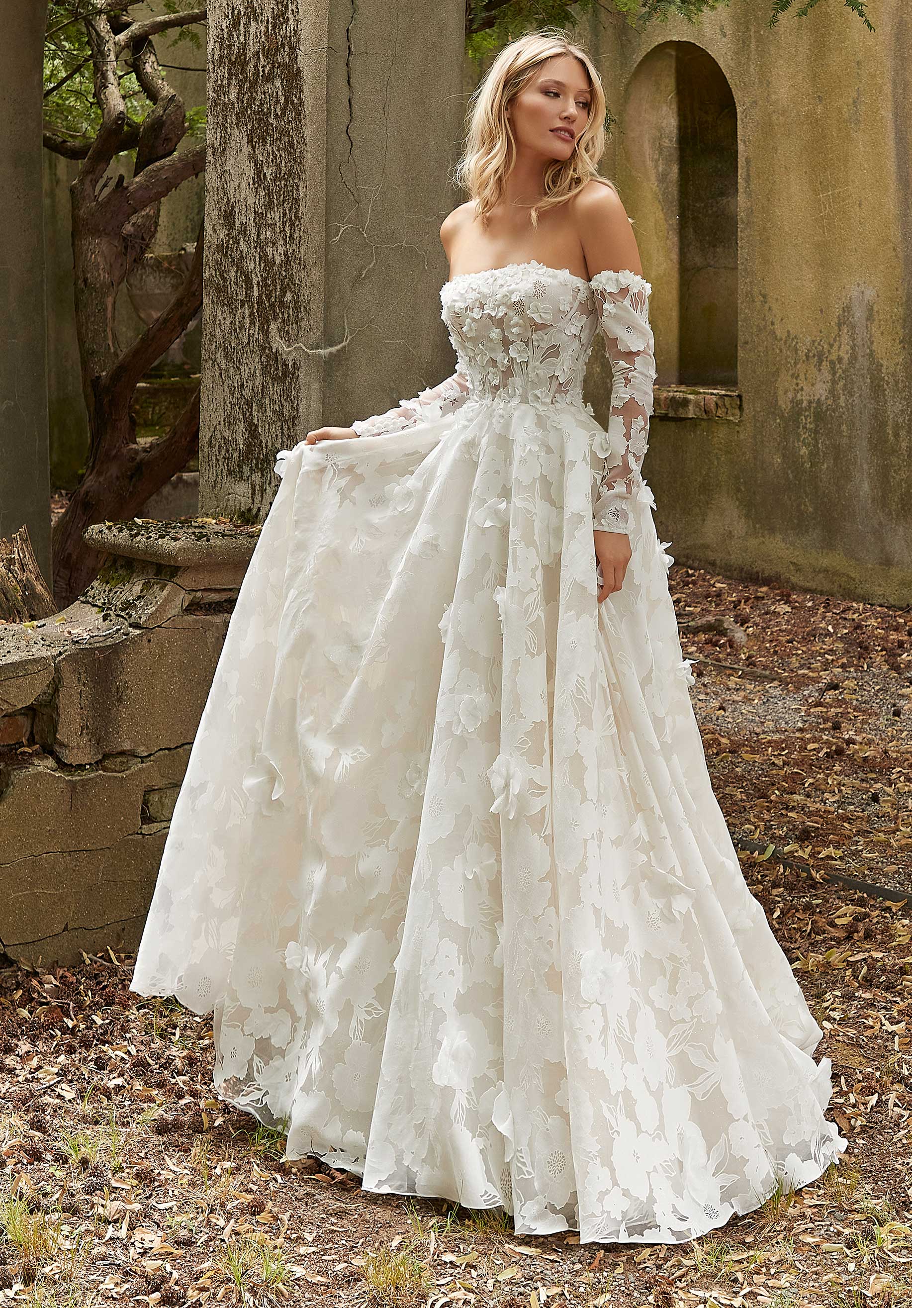 Long Sleeve V-neckline Sheath Wedding Dress with Lace Inserts | Kleinfeld  Bridal